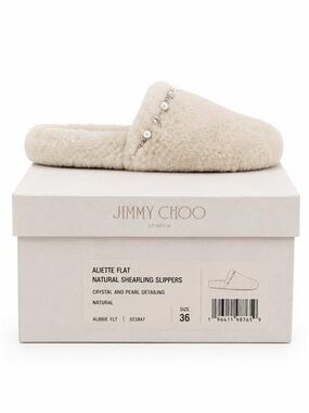Jimmy Choo Cream Shearling Mule Slippers with Crystal &‎ Pearl Embellishment